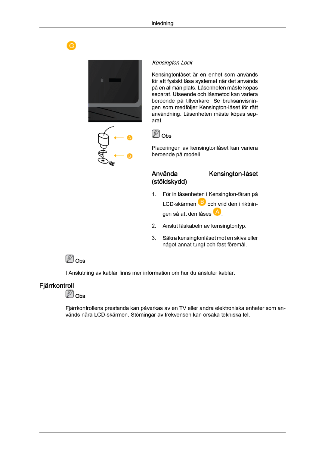 Samsung LH40BVPLSF/EN, LH46BVPLBF/EN, LH40BVTLBC/EN, LH40BVPLBF/EN manual Använda Kensington-låset stöldskydd, Fjärrkontroll 