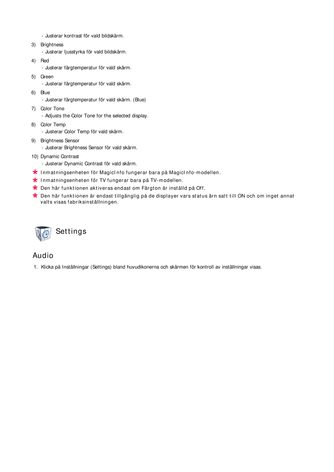 Samsung LH46BVPLSF/EN, LH46BVPLBF/EN, LH40BVTLBC/EN, LH40BVPLBF/EN, LH46BVTLBC/EN, LH40BVPLSF/EN manual Settings Audio 