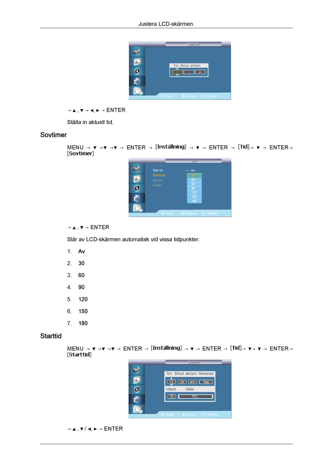 Samsung LH40BVTLBC/EN, LH46BVPLBF/EN, LH40BVPLBF/EN, LH46BVTLBC/EN, LH40BVPLSF/EN, LH46BVPLSF/EN manual Sovtimer, Starttid 