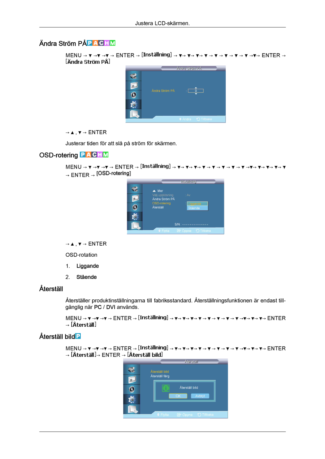 Samsung LH46BVPLSF/EN, LH46BVPLBF/EN, LH40BVTLBC/EN manual Ändra Ström PÅ, OSD-rotering, Återställ bild, Liggande Stående 