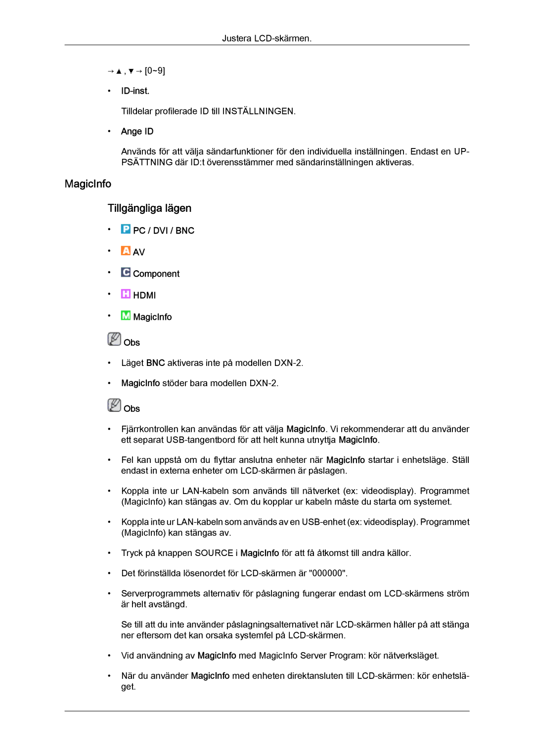 Samsung LH40BVTLBC/EN, LH46BVPLBF/EN, LH40BVPLBF/EN, LH46BVTLBC/EN manual MagicInfo Tillgängliga lägen, ID-inst, Ange ID 