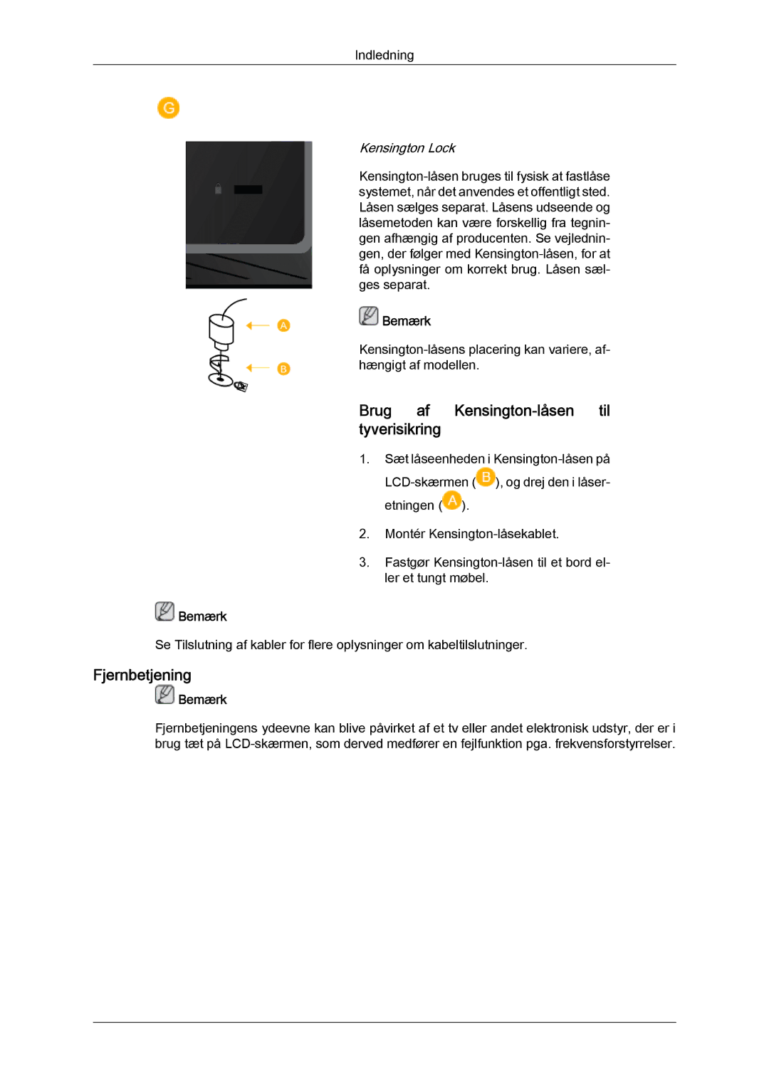 Samsung LH46BVPLSF/EN, LH46BVPLBF/EN, LH40BVTLBC/EN manual Brug af Kensington‐låsen til tyverisikring, Fjernbetjening 