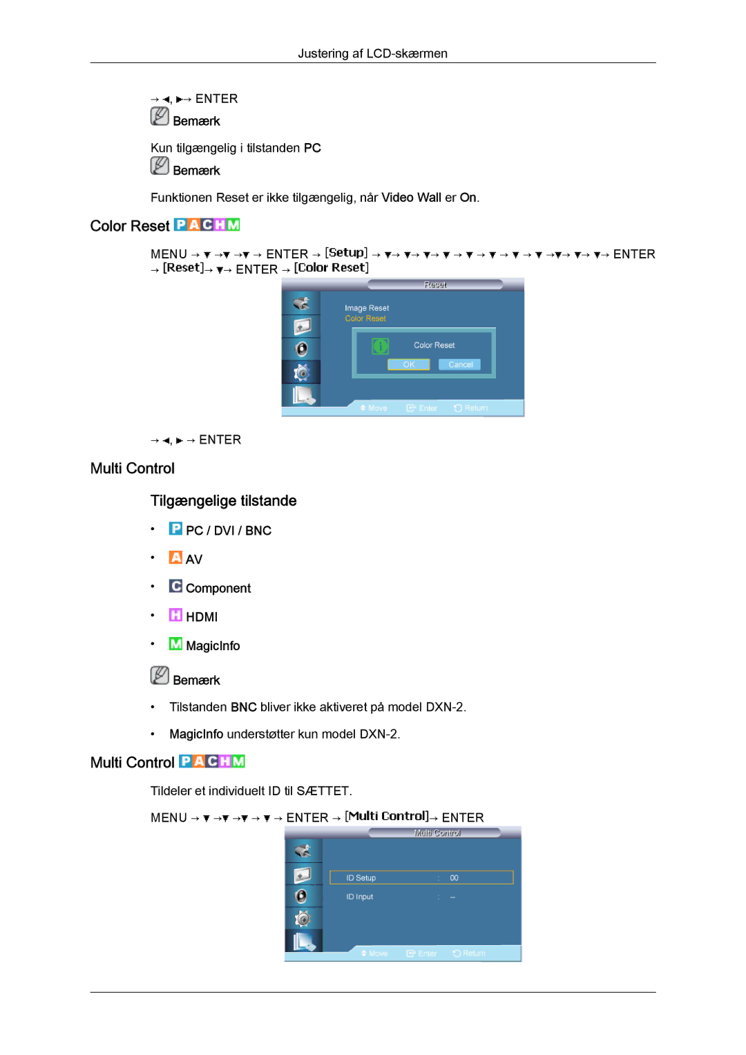 Samsung LH40BVTLBC/EN, LH46BVPLBF/EN, LH40BVPLBF/EN, LH46BVTLBC/EN manual Color Reset, Multi Control Tilgængelige tilstande 