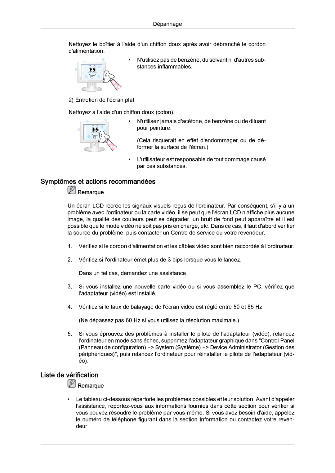 Samsung LH40BVTLBC/EN, LH46BVPLBF/EN, LH40BVPLBF/EN, LH46BVTLBC/EN Symptômes et actions recommandées, Liste de vérification 