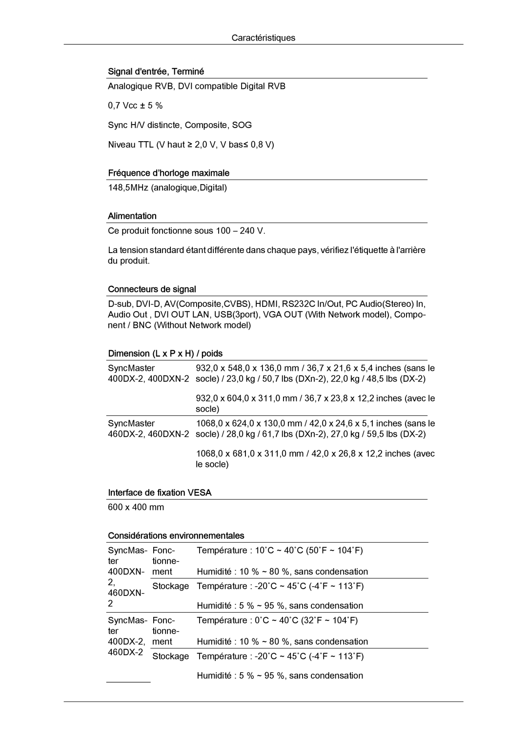 Samsung LH46BVTLBC/EN manual Signal dentrée, Terminé, Fréquence d’horloge maximale, Alimentation, Connecteurs de signal 