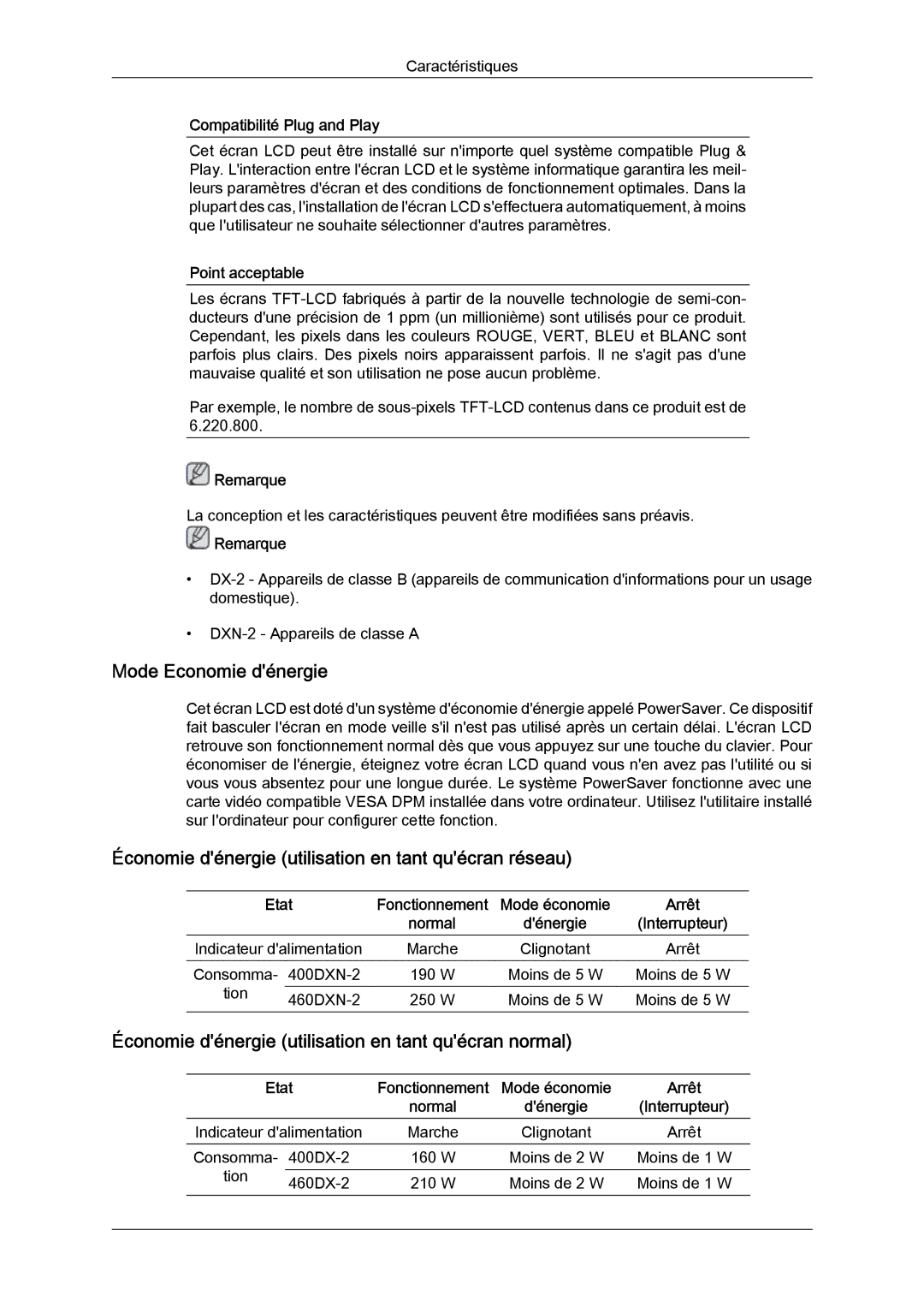 Samsung LH46BVPLBF/EN manual Mode Economie dénergie, Économie dénergie utilisation en tant quécran réseau, Point acceptable 