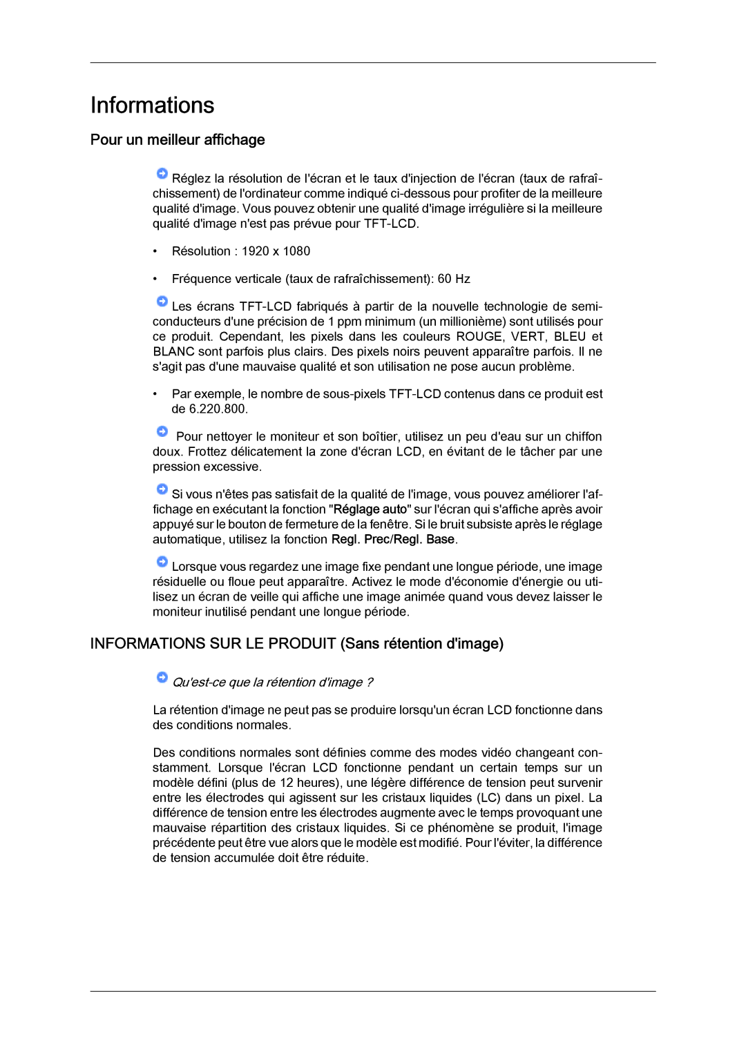 Samsung LH46BVTLBC/EN, LH46BVPLBF/EN manual Pour un meilleur affichage, Informations SUR LE Produit Sans rétention dimage 