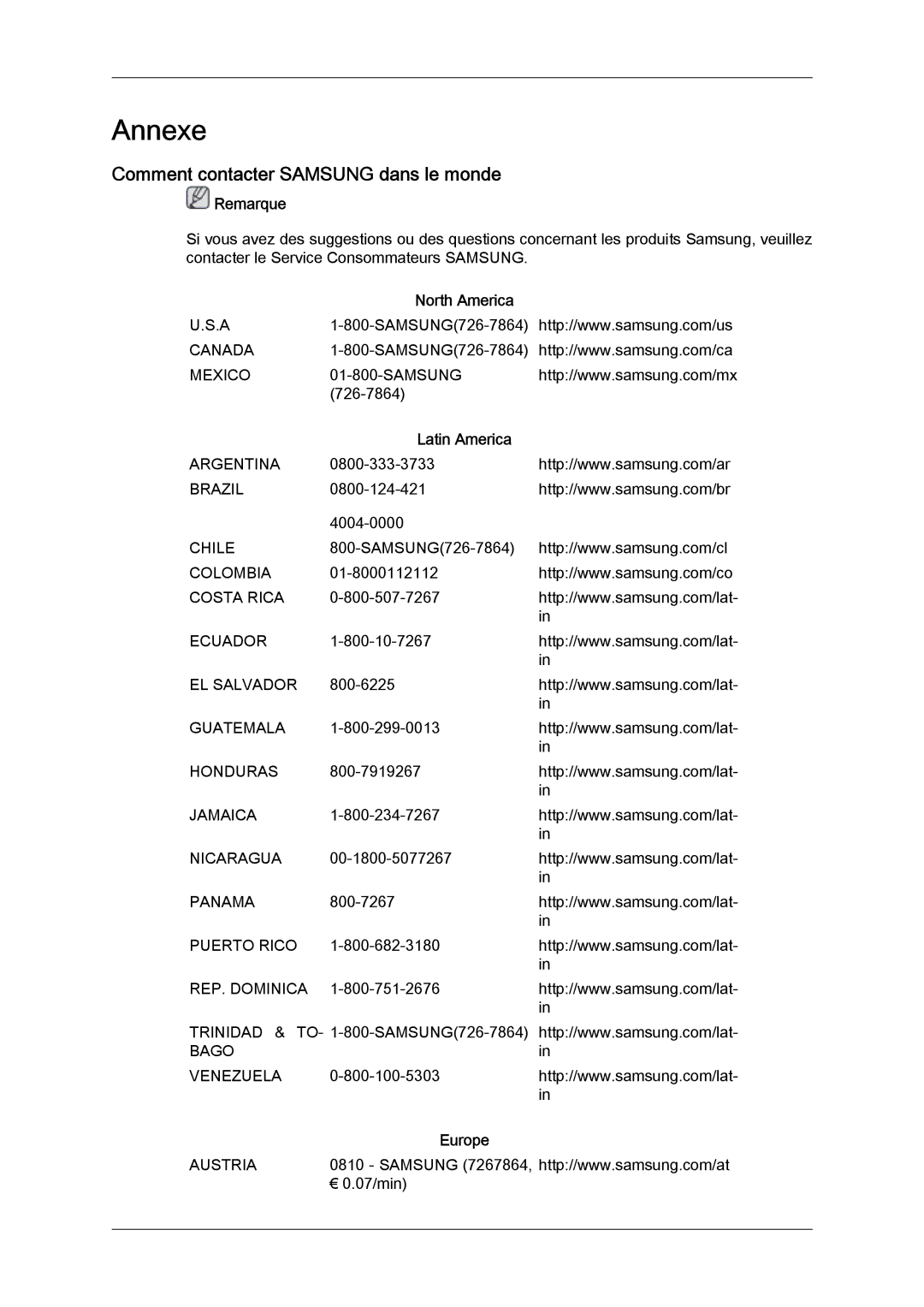 Samsung LH46BVPLBF/EN, LH40BVTLBC/EN manual Comment contacter Samsung dans le monde, North America, Latin America, Europe 