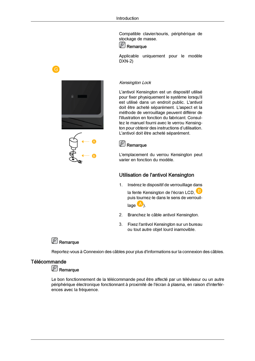 Samsung LH40BVTLBC/EN, LH46BVPLBF/EN, LH40BVPLBF/EN, LH46BVTLBC/EN manual Utilisation de lantivol Kensington, Télécommande 