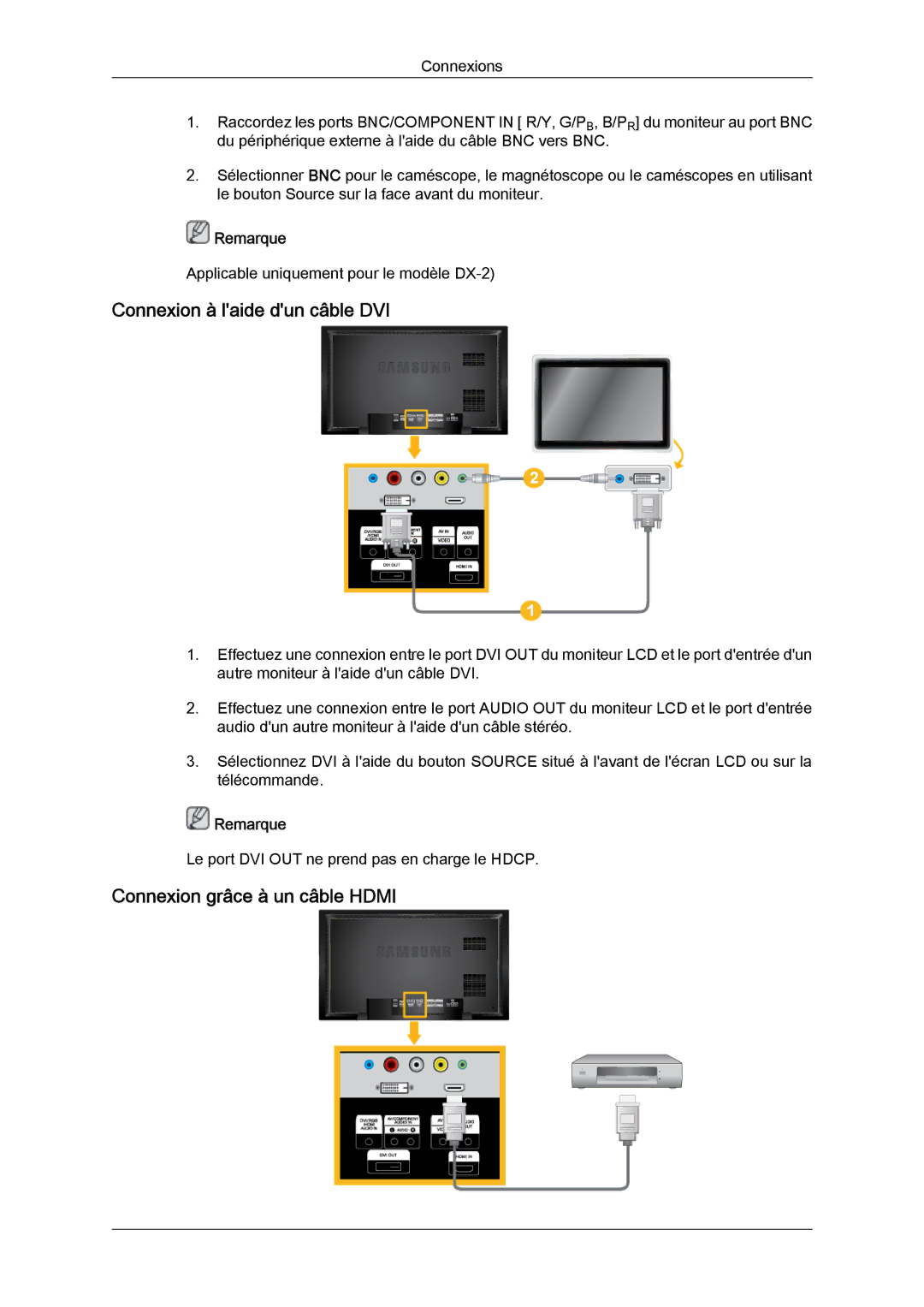 Samsung LH40BVTLBC/EN, LH46BVPLBF/EN, LH40BVPLBF/EN manual Connexion à laide dun câble DVI, Connexion grâce à un câble Hdmi 