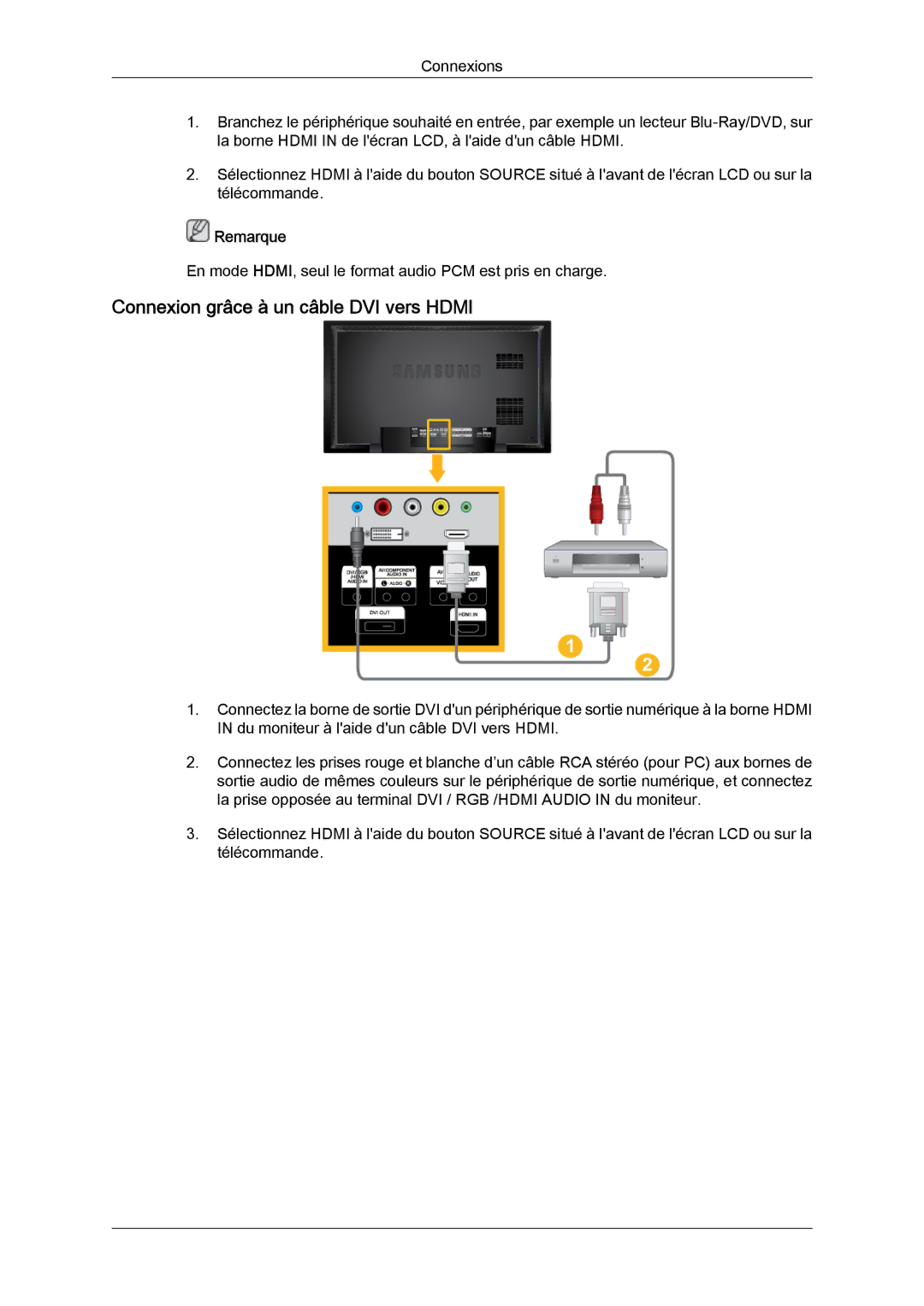 Samsung LH40BVPLBF/EN, LH46BVPLBF/EN, LH40BVTLBC/EN, LH46BVTLBC/EN manual Connexion grâce à un câble DVI vers Hdmi 