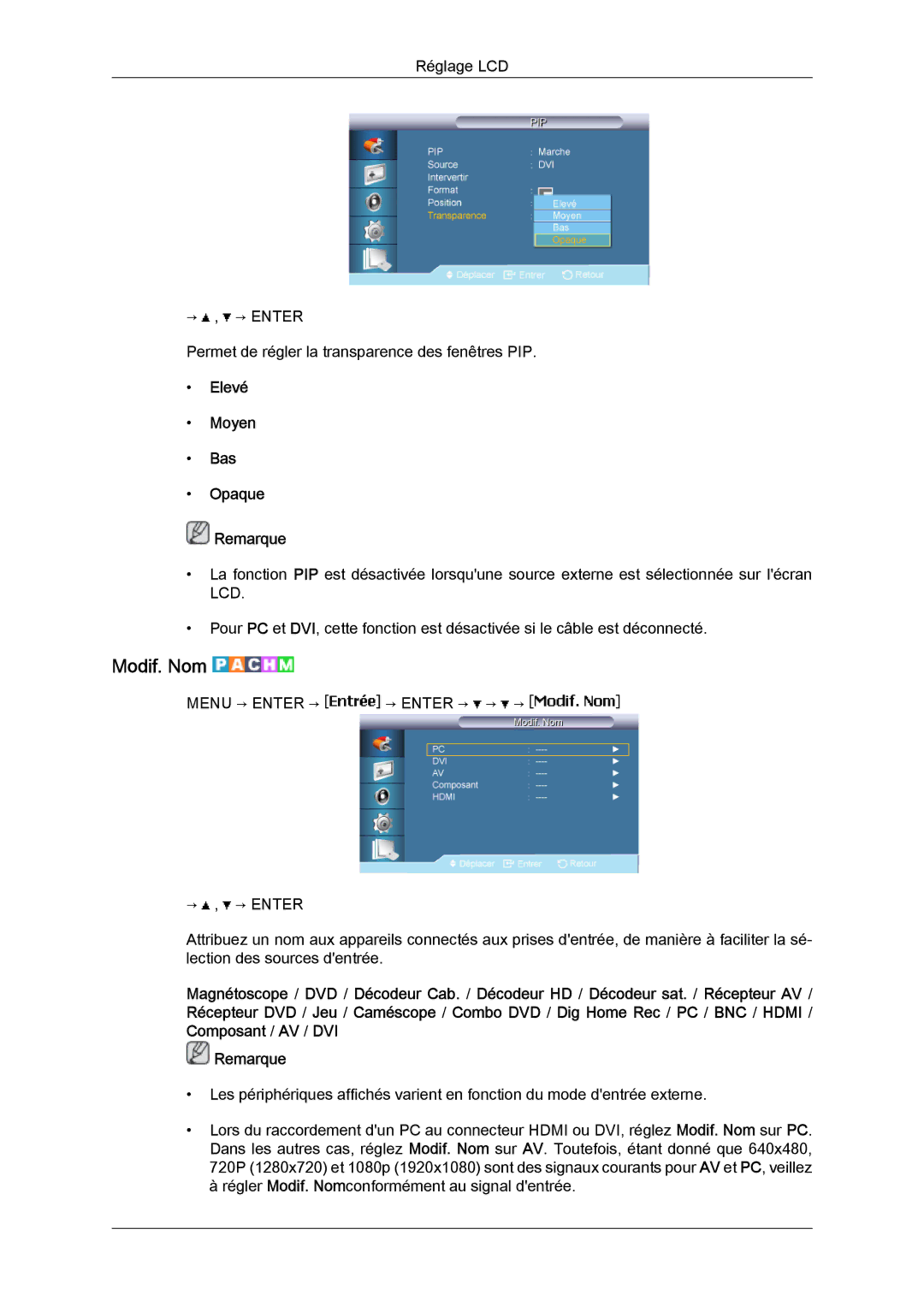 Samsung LH40BVPLBF/EN, LH46BVPLBF/EN, LH40BVTLBC/EN, LH46BVTLBC/EN manual Modif. Nom, Elevé Moyen Bas Opaque Remarque 