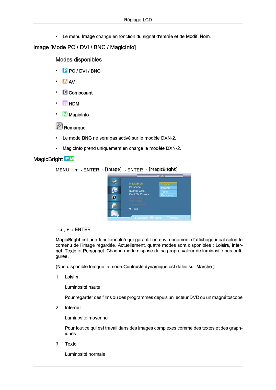 Samsung LH46BVTLBC/EN manual Image Mode PC / DVI / BNC / MagicInfo Modes disponibles, MagicBright, Loisirs Luminosité haute 