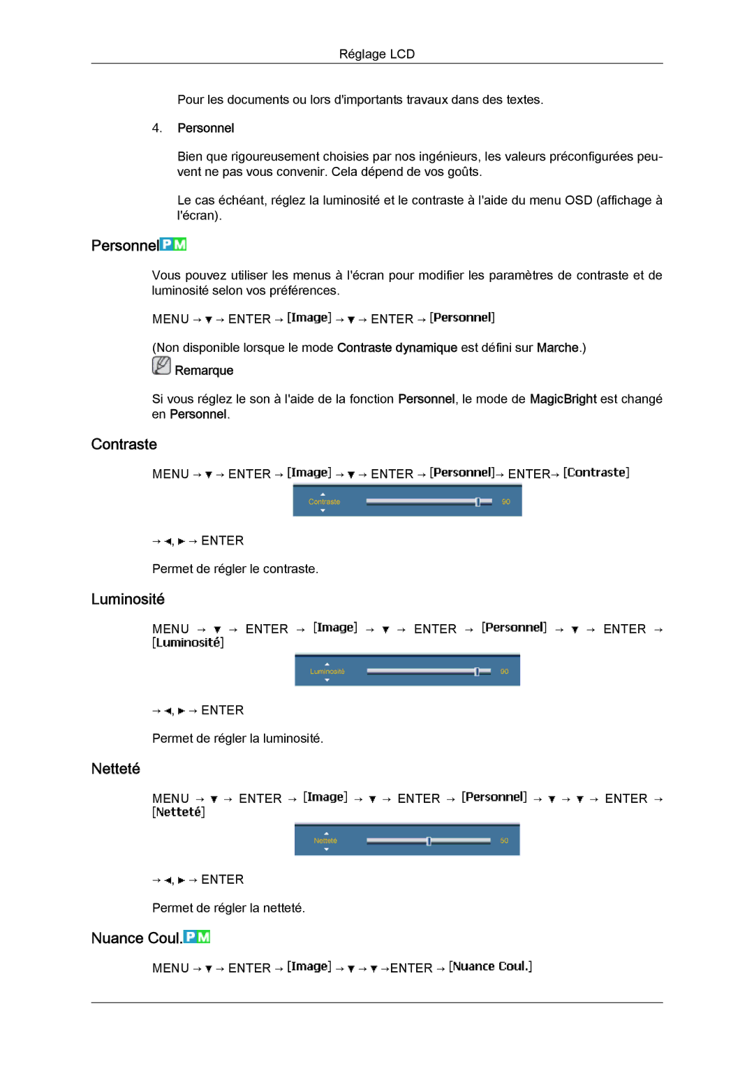 Samsung LH46BVPLBF/EN, LH40BVTLBC/EN, LH40BVPLBF/EN, LH46BVTLBC/EN Personnel, Contraste, Luminosité, Netteté, Nuance Coul 