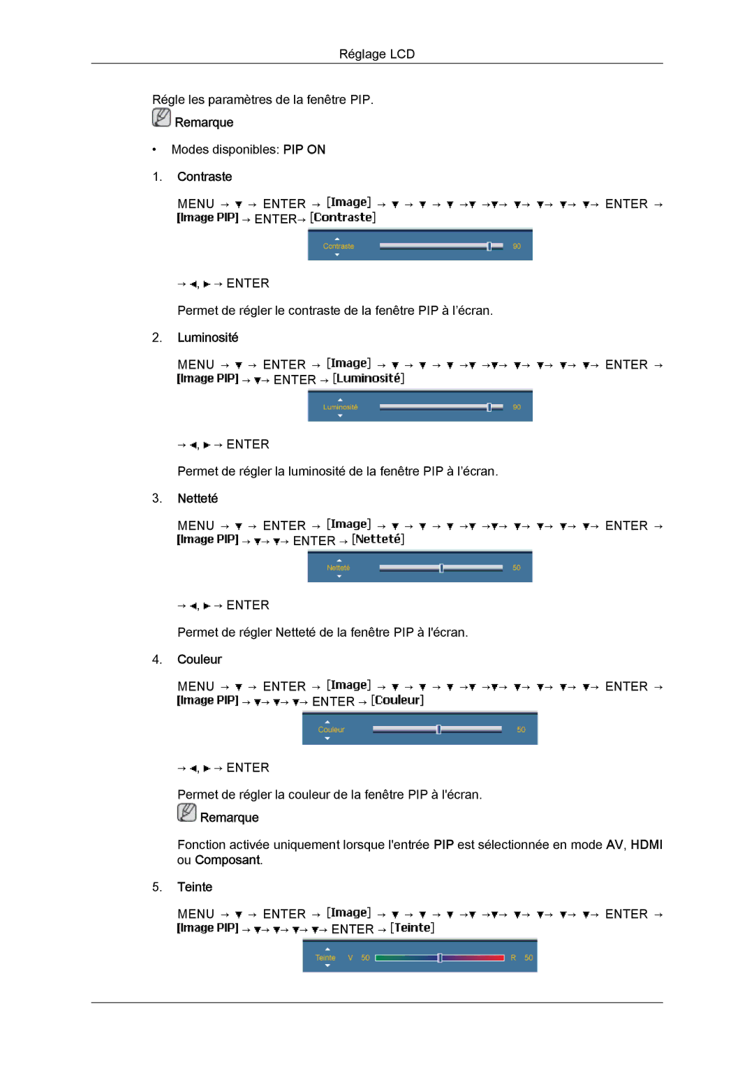 Samsung LH40BVPLBF/EN, LH46BVPLBF/EN, LH40BVTLBC/EN, LH46BVTLBC/EN manual Contraste, Luminosité, Netteté, Couleur, Teinte 