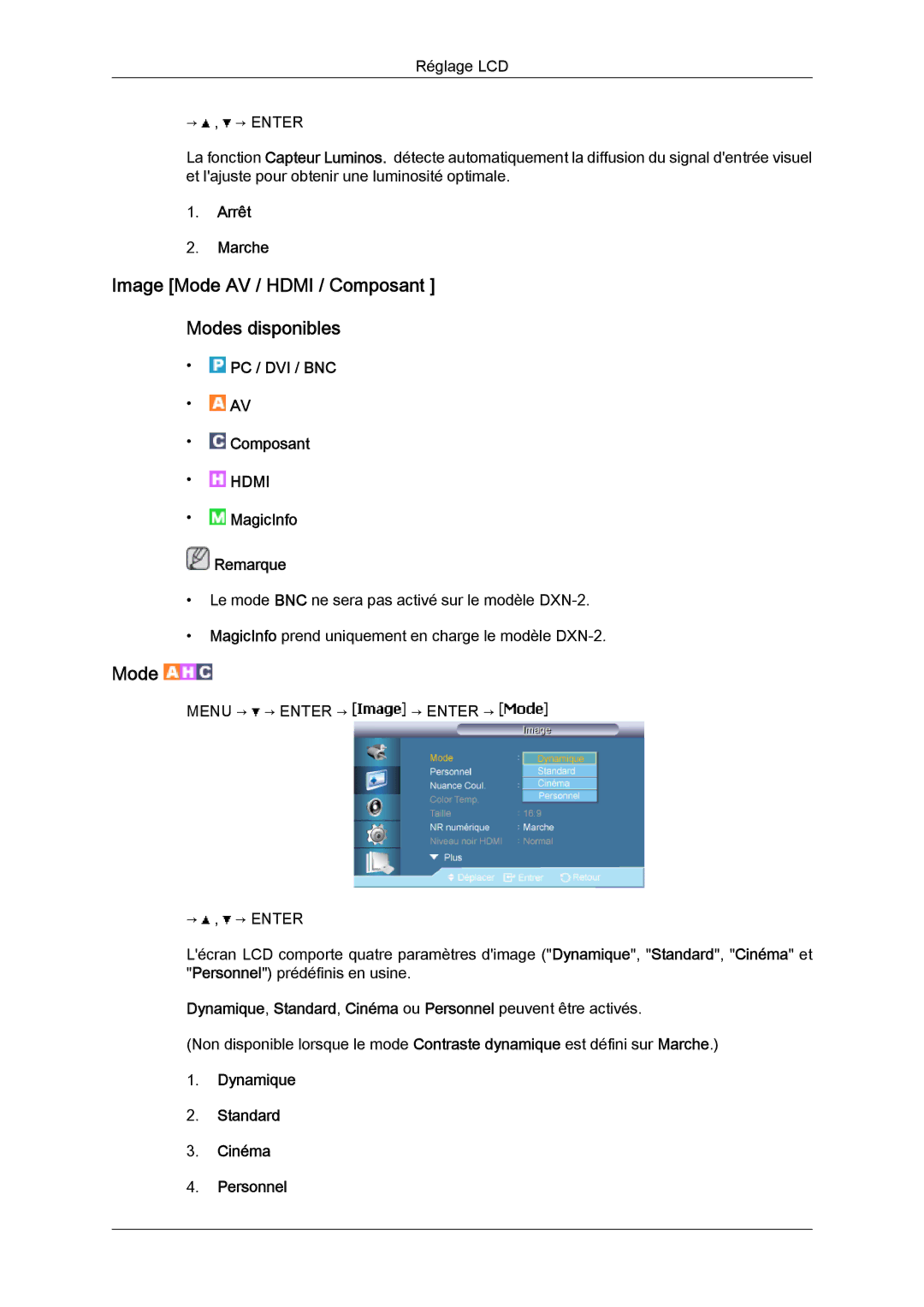 Samsung LH46BVPLBF/EN manual Image Mode AV / Hdmi / Composant Modes disponibles, Dynamique Standard Cinéma Personnel 