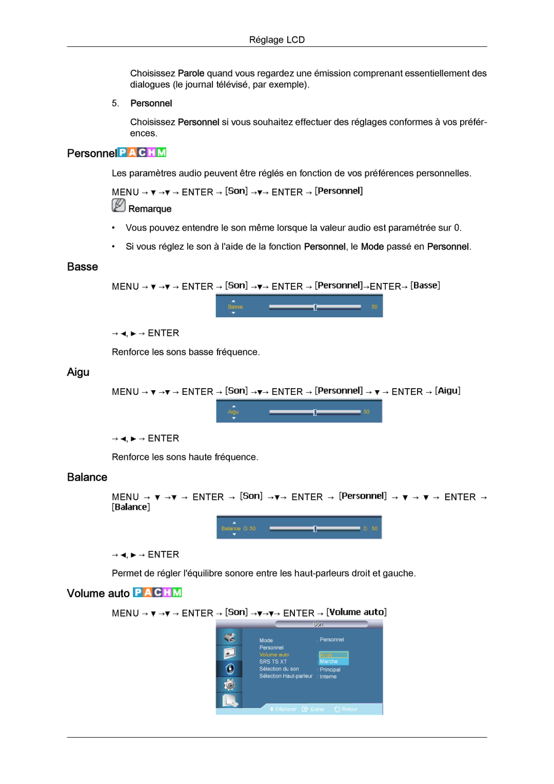 Samsung LH46BVPLBF/EN, LH40BVTLBC/EN, LH40BVPLBF/EN, LH46BVTLBC/EN manual Basse, Aigu, Balance, Volume auto 