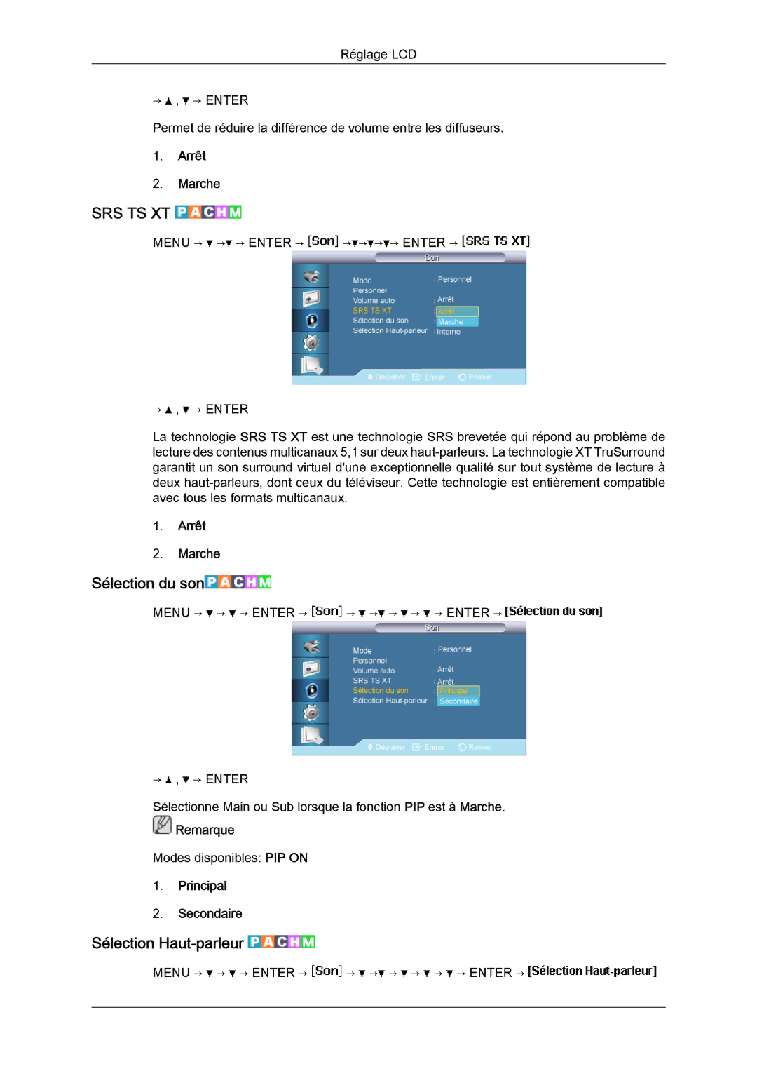 Samsung LH40BVTLBC/EN, LH46BVPLBF/EN, LH40BVPLBF/EN manual Sélection du son, Sélection Haut-parleur, Principal Secondaire 