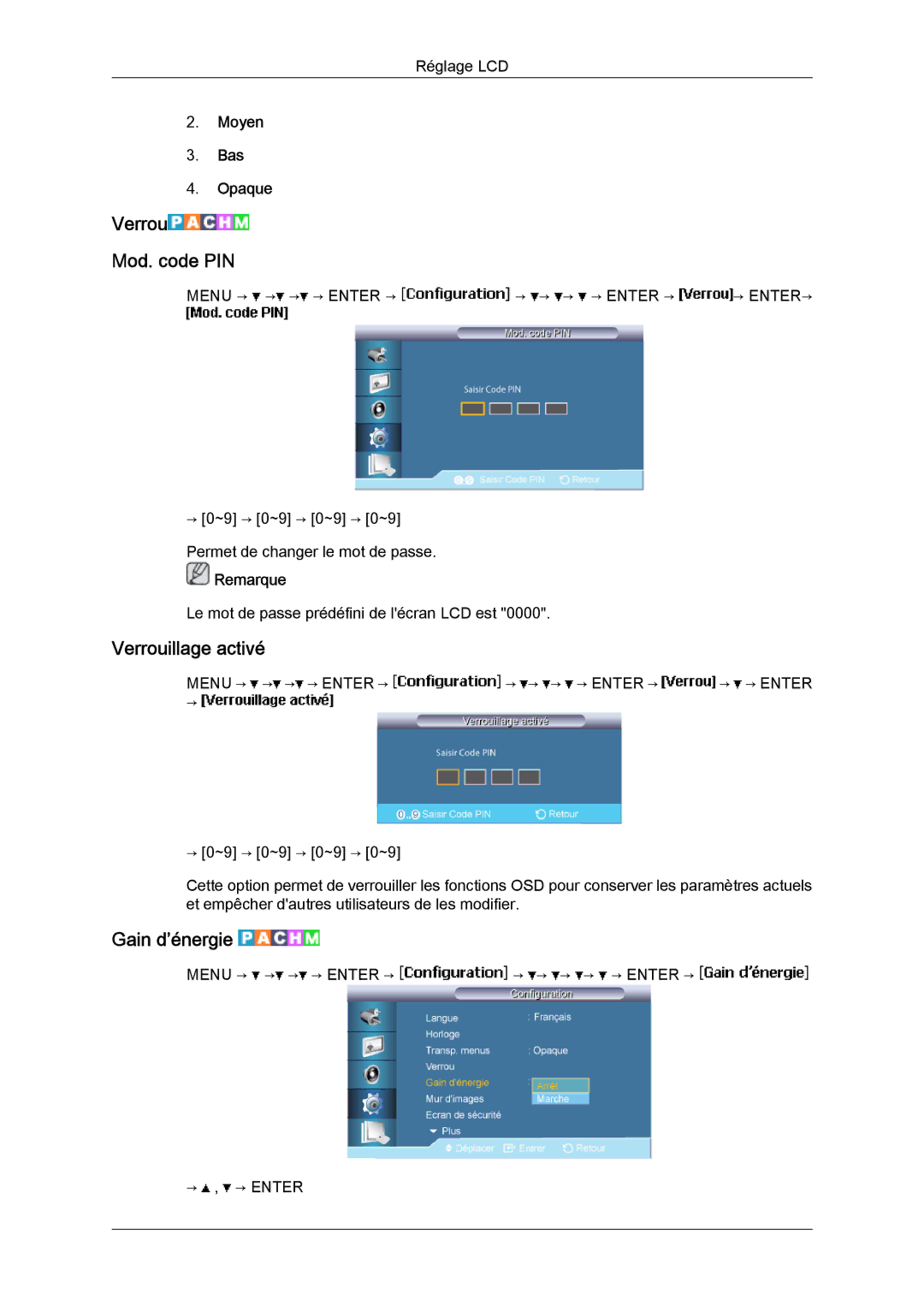 Samsung LH40BVTLBC/EN, LH46BVPLBF/EN manual Verrou Mod. code PIN, Verrouillage activé, Gain d’énergie, Moyen Bas Opaque 