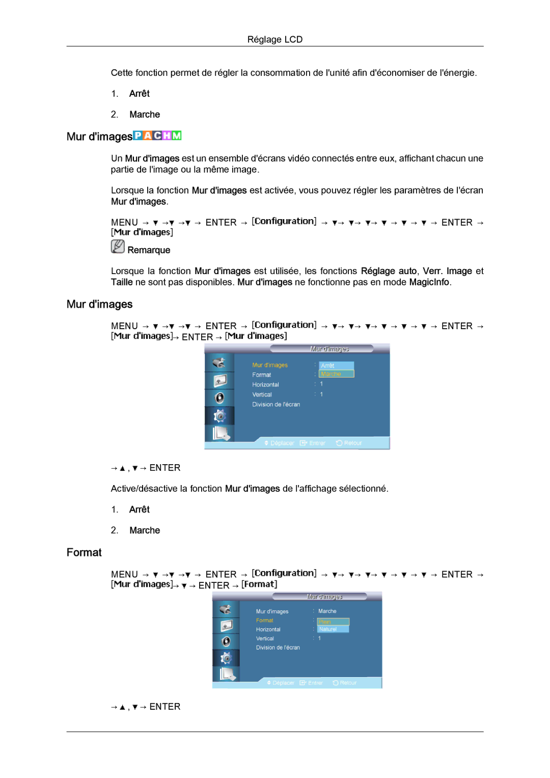 Samsung LH40BVPLBF/EN, LH46BVPLBF/EN, LH40BVTLBC/EN, LH46BVTLBC/EN manual Mur dimages, Arrêt Marche 