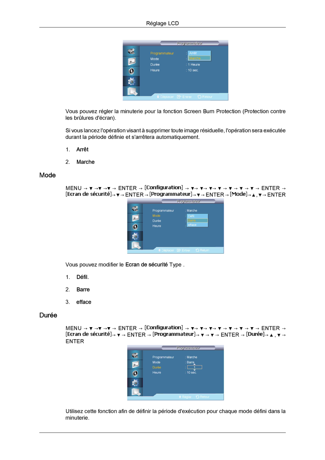 Samsung LH40BVPLBF/EN, LH46BVPLBF/EN, LH40BVTLBC/EN, LH46BVTLBC/EN manual Durée, Défil Barre Efface 