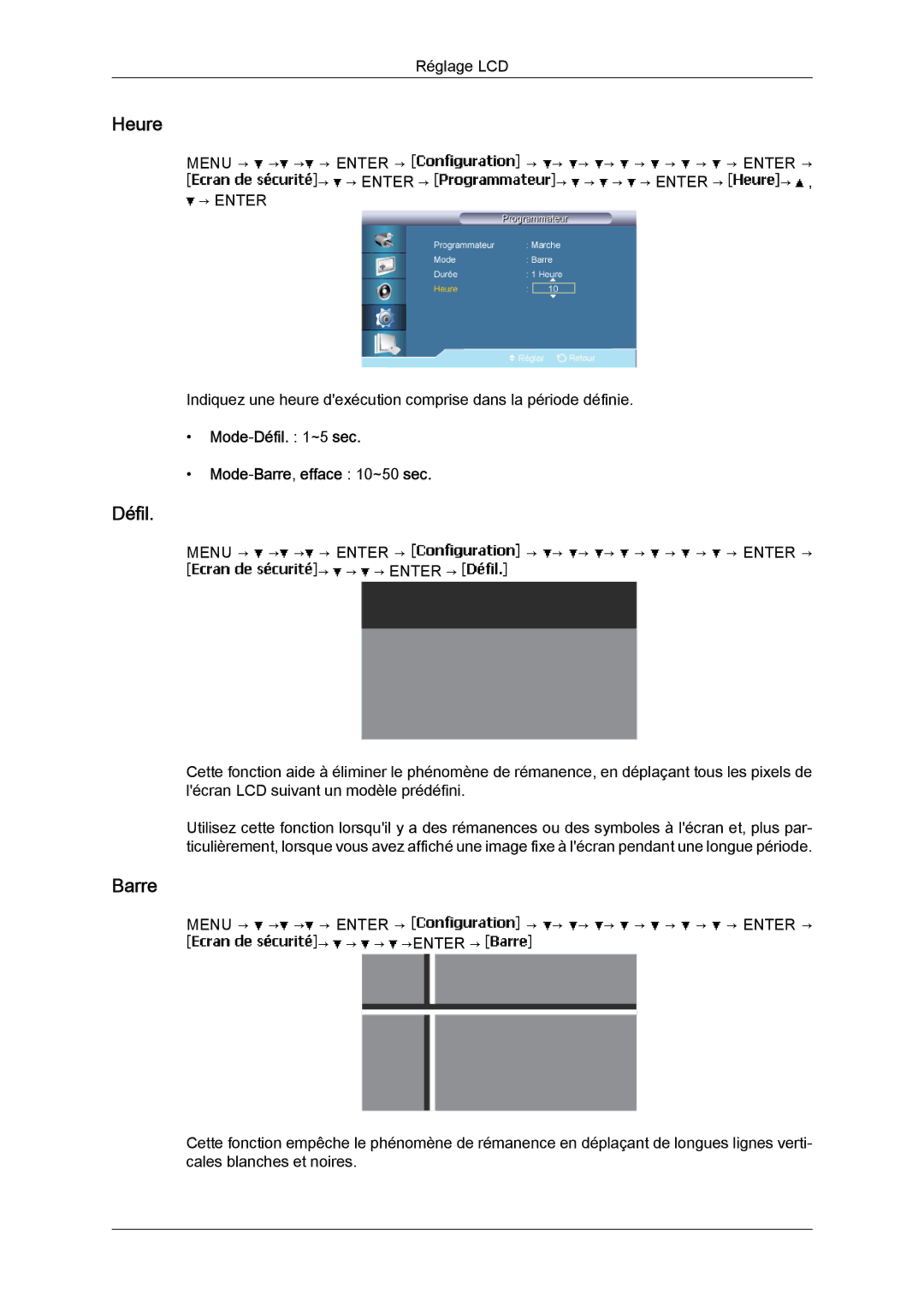 Samsung LH46BVTLBC/EN, LH46BVPLBF/EN, LH40BVTLBC/EN, LH40BVPLBF/EN Mode-Défil ~5 sec Mode-Barre,efface 10~50 sec 