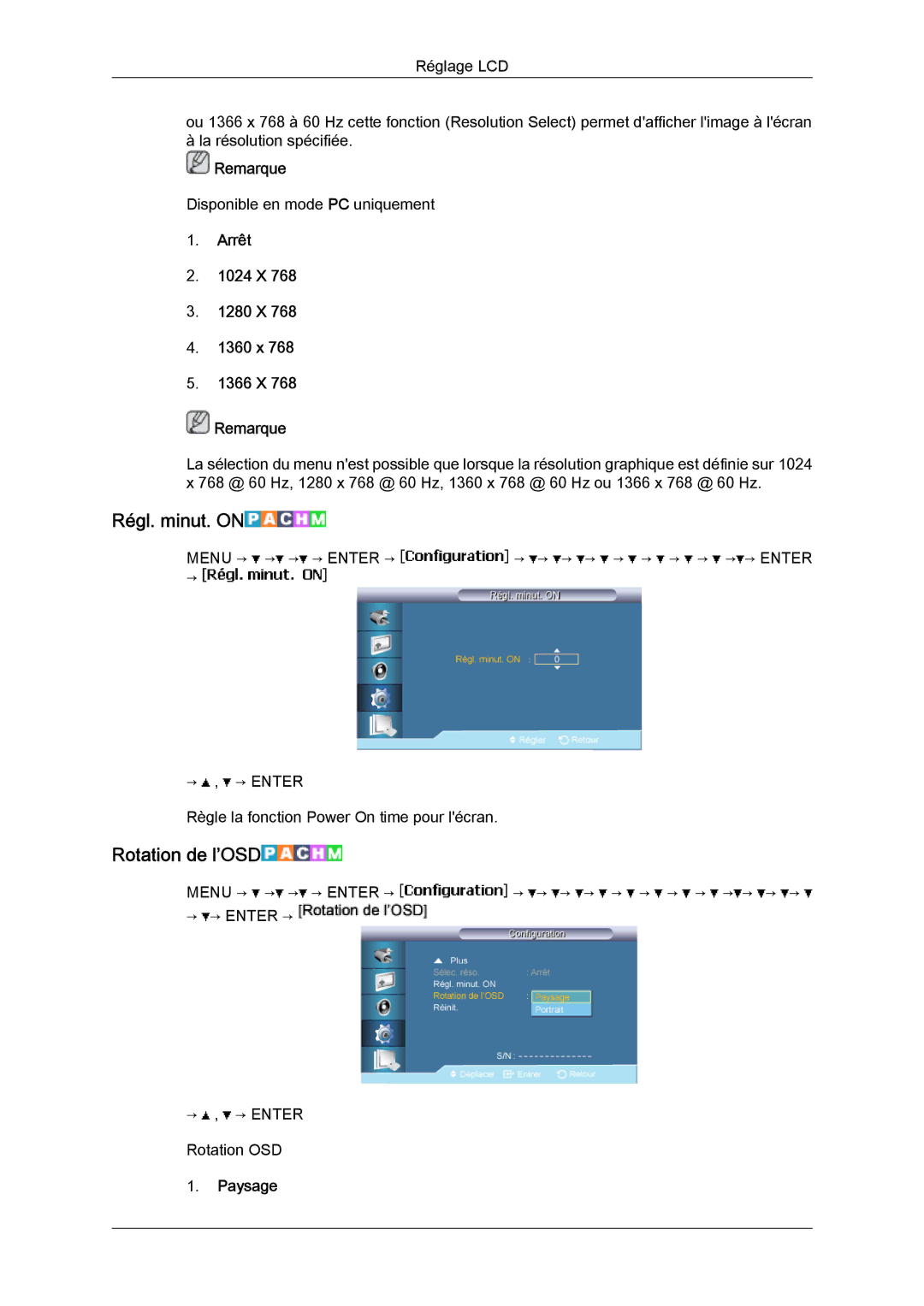 Samsung LH40BVTLBC/EN manual Régl. minut. on, Rotation de l’OSD, Arrêt 1024 X 1280 X 1360 x 1366 X Remarque, Paysage 