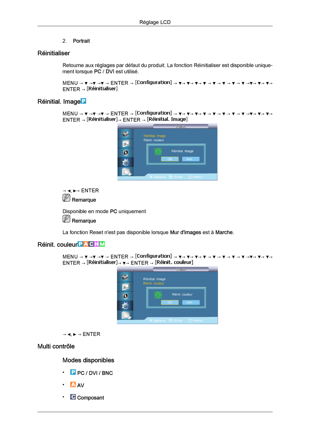 Samsung LH40BVPLBF/EN manual Réinitialiser, Réinitial. Image, Réinit. couleur, Multi contrôle Modes disponibles, Portrait 