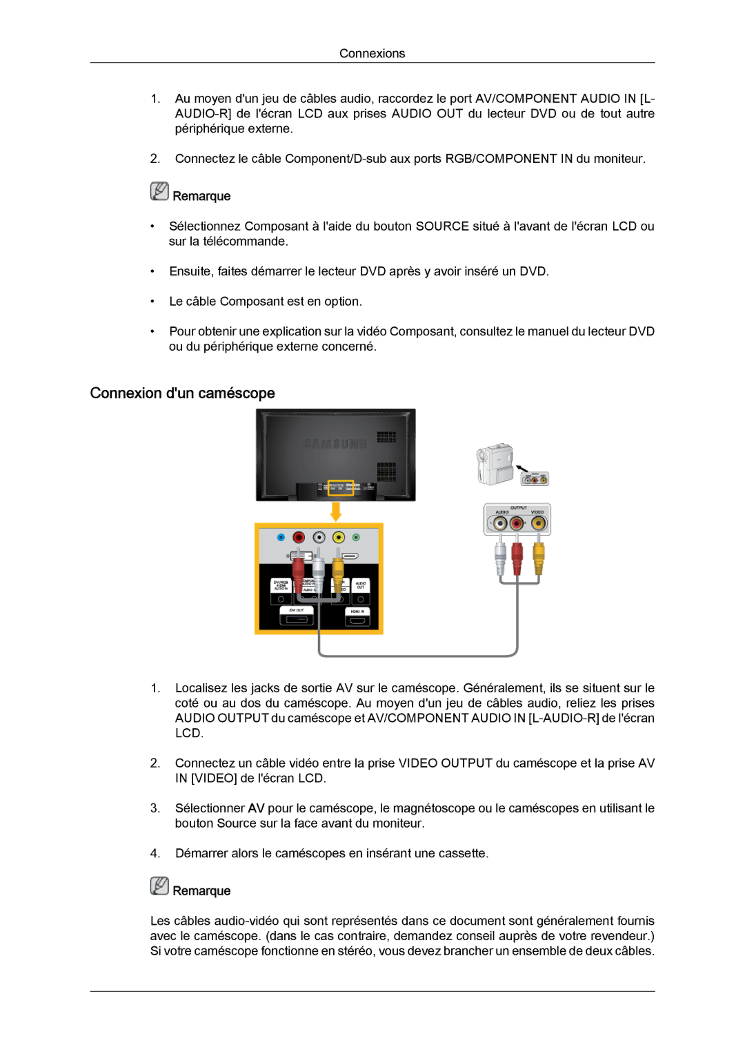 Samsung LH40BVPLBF/EN, LH46BVPLBF/EN, LH40BVTLBC/EN, LH46BVTLBC/EN manual Connexion dun caméscope 