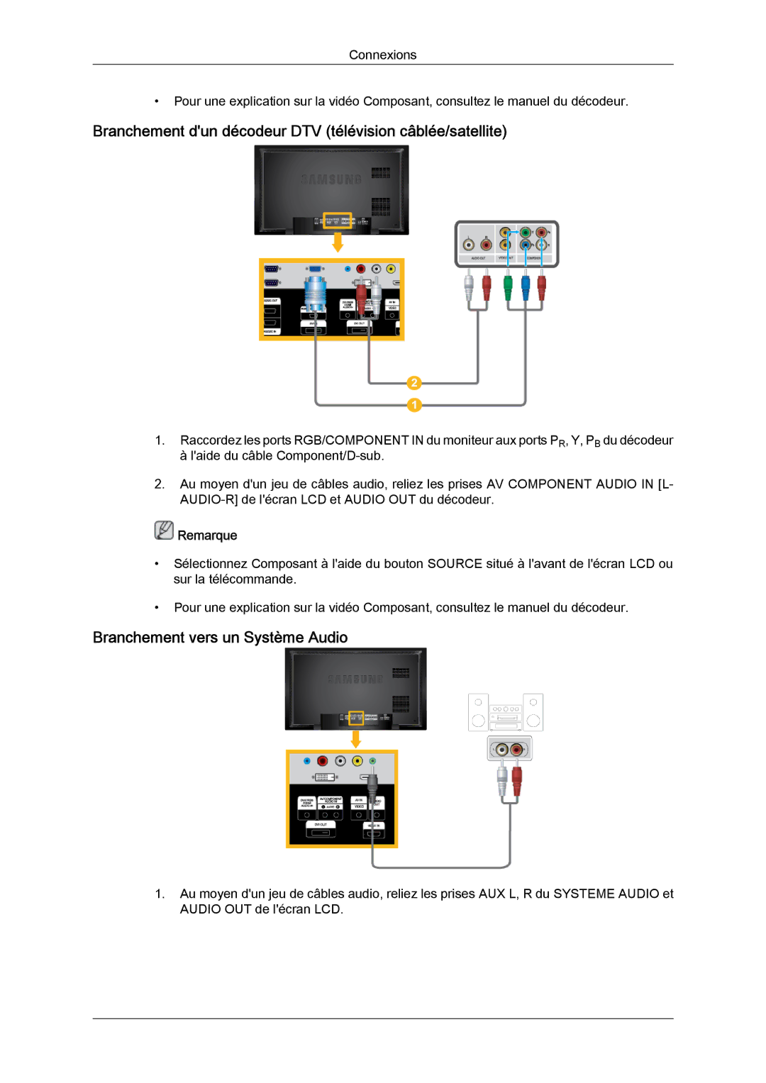 Samsung LH40BVTLBC/EN manual Branchement dun décodeur DTV télévision câblée/satellite, Branchement vers un Système Audio 