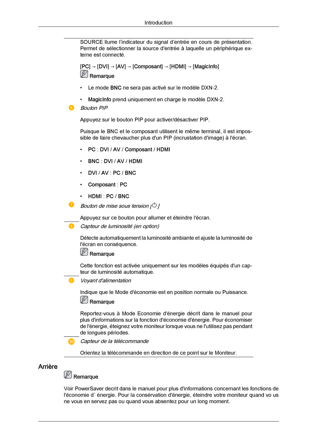 Samsung LH40BVTLBC/EN manual Arrière, Bouton de mise sous tension, Capteur de luminosité en option, Voyant dalimentation 