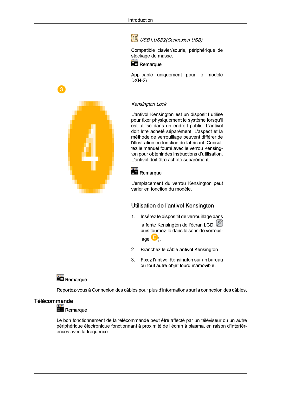 Samsung LH40BVTLBC/EN manual Utilisation de lantivol Kensington, Télécommande, USB1,USB2Connexion USB, Kensington Lock 