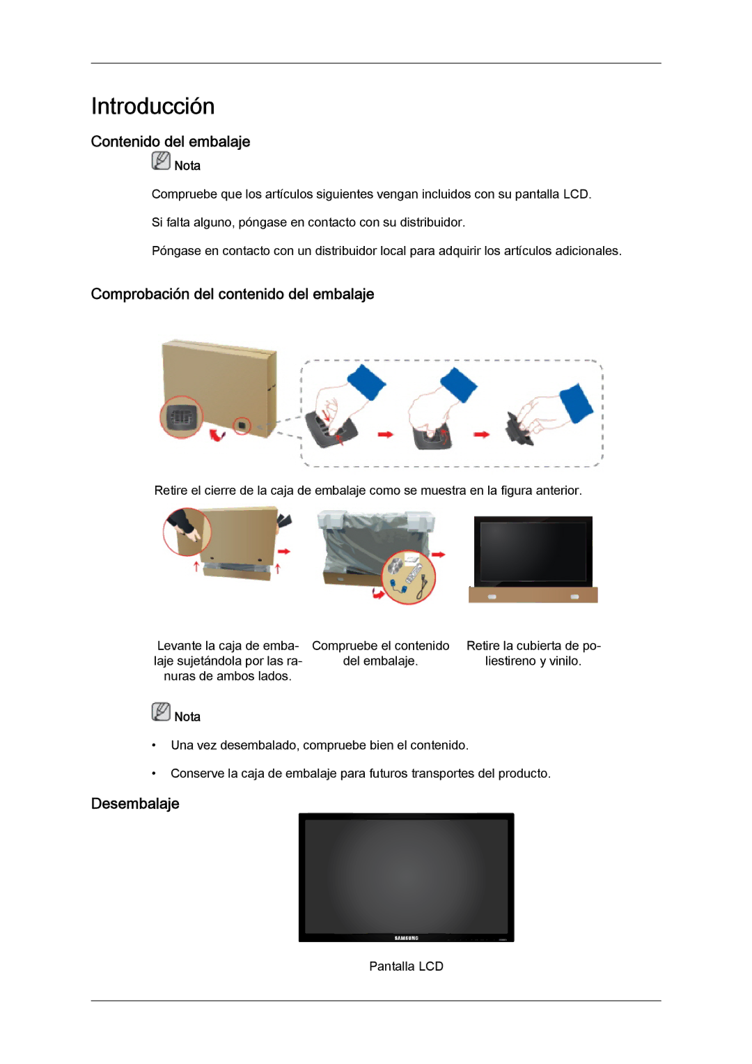 Samsung LH40BVPLBF/EN, LH46BVPLBF/EN manual Contenido del embalaje, Comprobación del contenido del embalaje, Desembalaje 