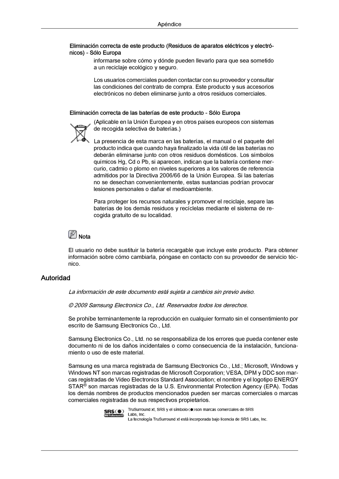 Samsung LH46BVTLBC/EN, LH46BVPLBF/EN, LH40BVTLBC/EN, LH40BVPLBF/EN manual Autoridad, Nota 