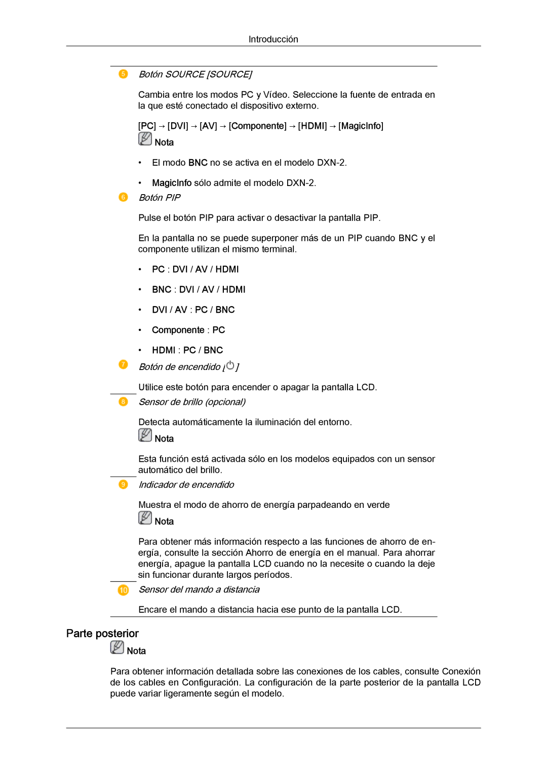 Samsung LH40BVTLBC/EN manual Parte posterior, PC → DVI → AV → Componente → Hdmi → MagicInfo Nota, PC DVI / AV / Hdmi 