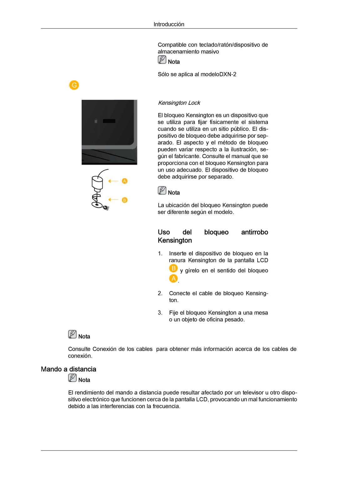 Samsung LH40BVTLBC/EN, LH46BVPLBF/EN, LH40BVPLBF/EN, LH46BVTLBC/EN Uso del bloqueo antirrobo Kensington, Mando a distancia 