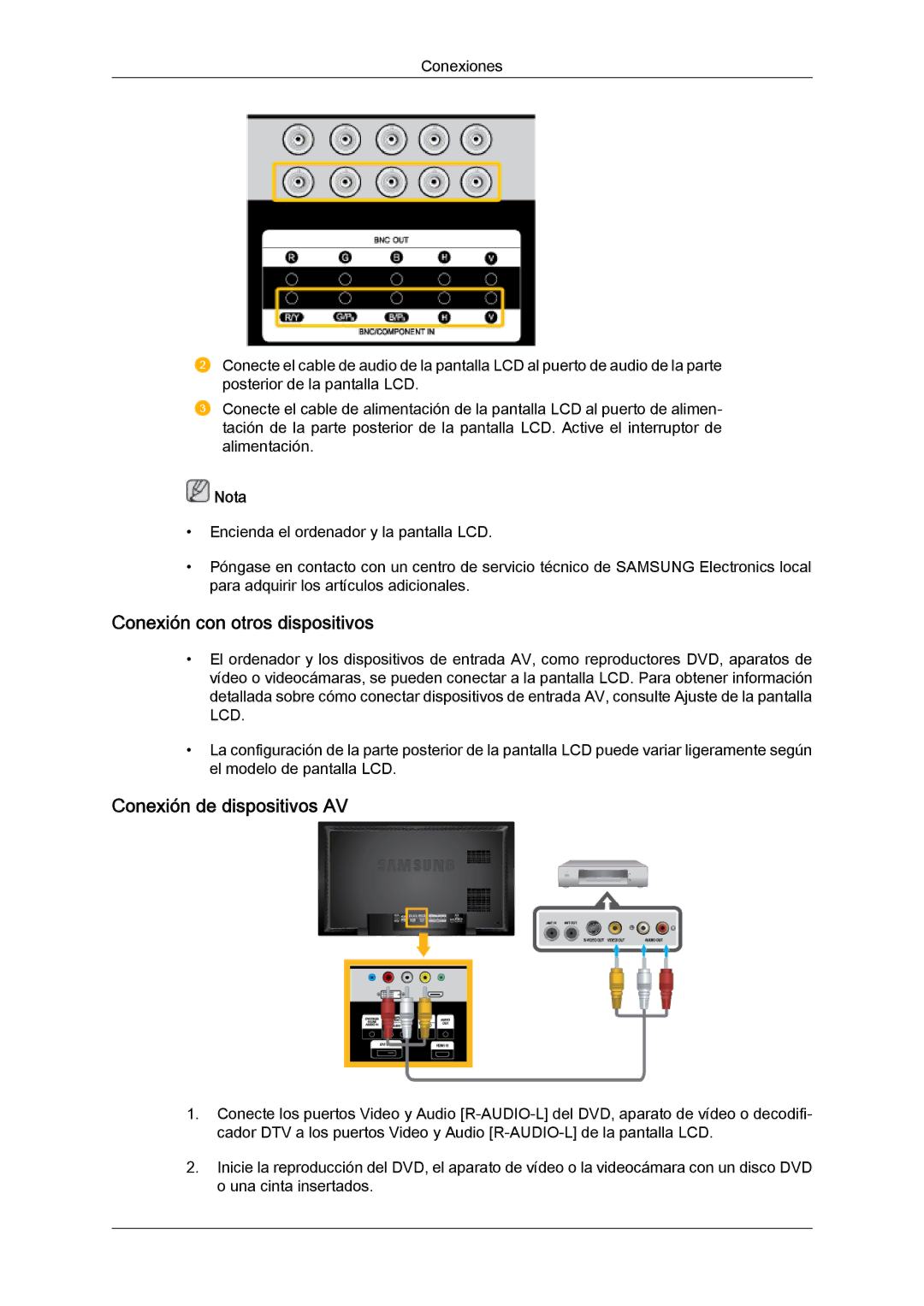 Samsung LH46BVTLBC/EN, LH46BVPLBF/EN, LH40BVTLBC/EN manual Conexión con otros dispositivos, Conexión de dispositivos AV 