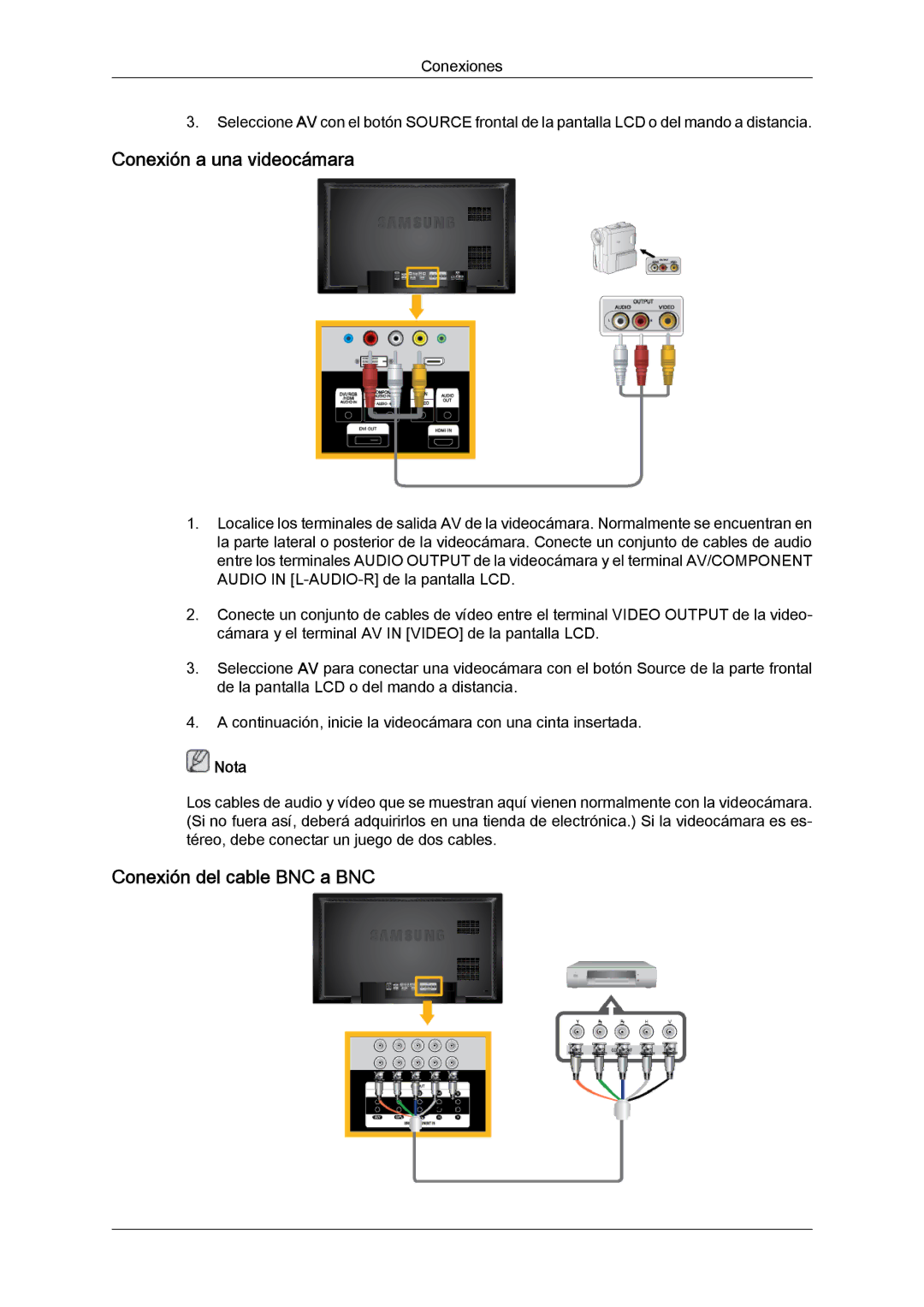 Samsung LH46BVPLBF/EN, LH40BVTLBC/EN, LH40BVPLBF/EN, LH46BVTLBC/EN Conexión a una videocámara, Conexión del cable BNC a BNC 