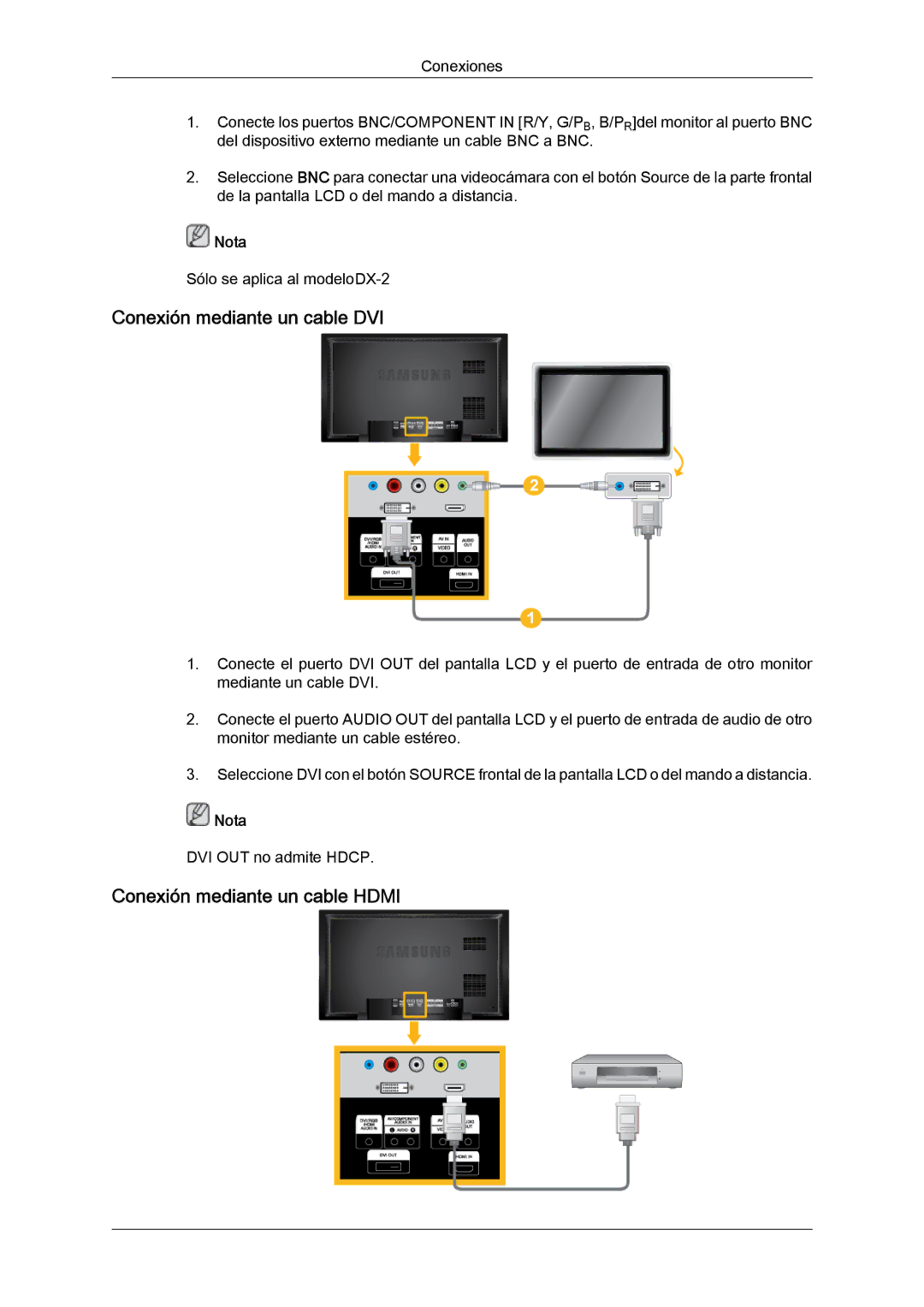 Samsung LH40BVTLBC/EN, LH46BVPLBF/EN, LH40BVPLBF/EN manual Conexión mediante un cable DVI, Conexión mediante un cable Hdmi 