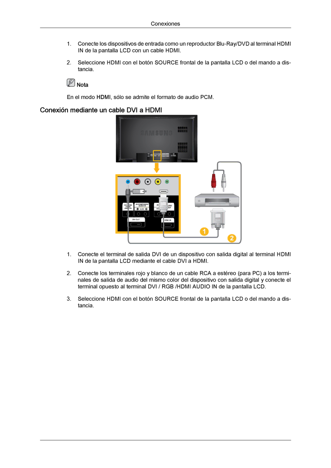 Samsung LH40BVPLBF/EN, LH46BVPLBF/EN, LH40BVTLBC/EN, LH46BVTLBC/EN manual Conexión mediante un cable DVI a Hdmi 