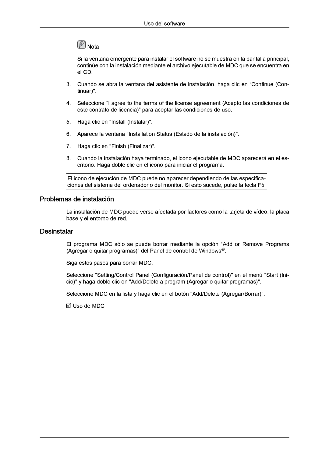 Samsung LH46BVTLBC/EN, LH46BVPLBF/EN, LH40BVTLBC/EN, LH40BVPLBF/EN manual Problemas de instalación, Desinstalar 