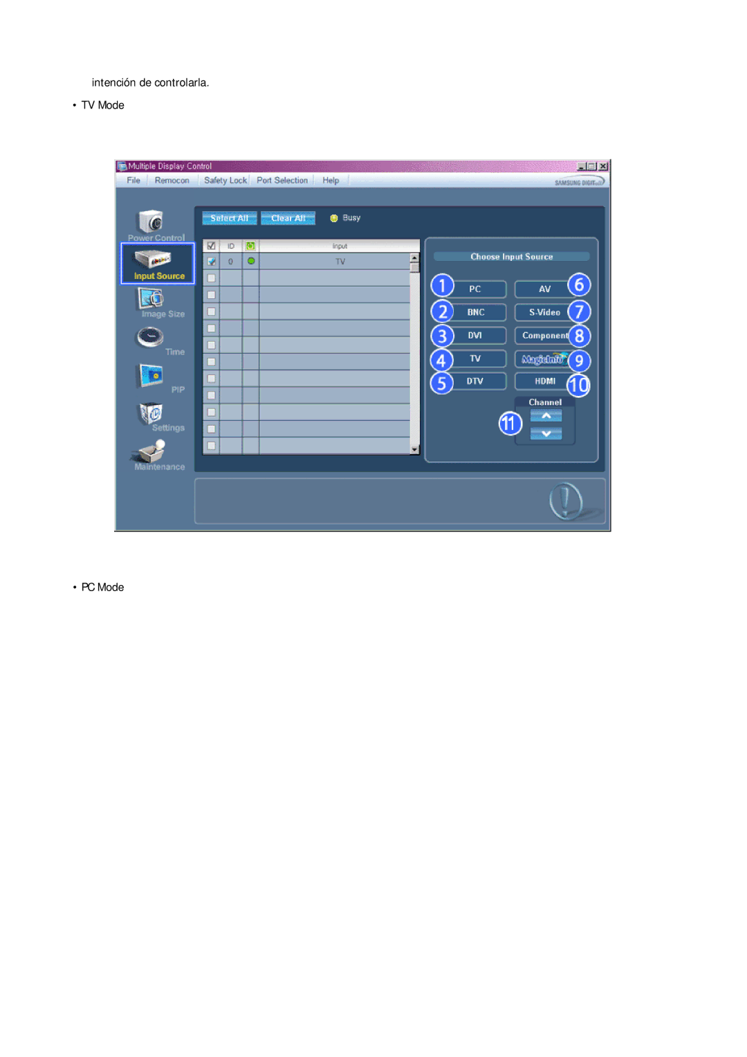 Samsung LH40BVTLBC/EN, LH46BVPLBF/EN, LH40BVPLBF/EN, LH46BVTLBC/EN manual Intención de controlarla TV Mode PC Mode 