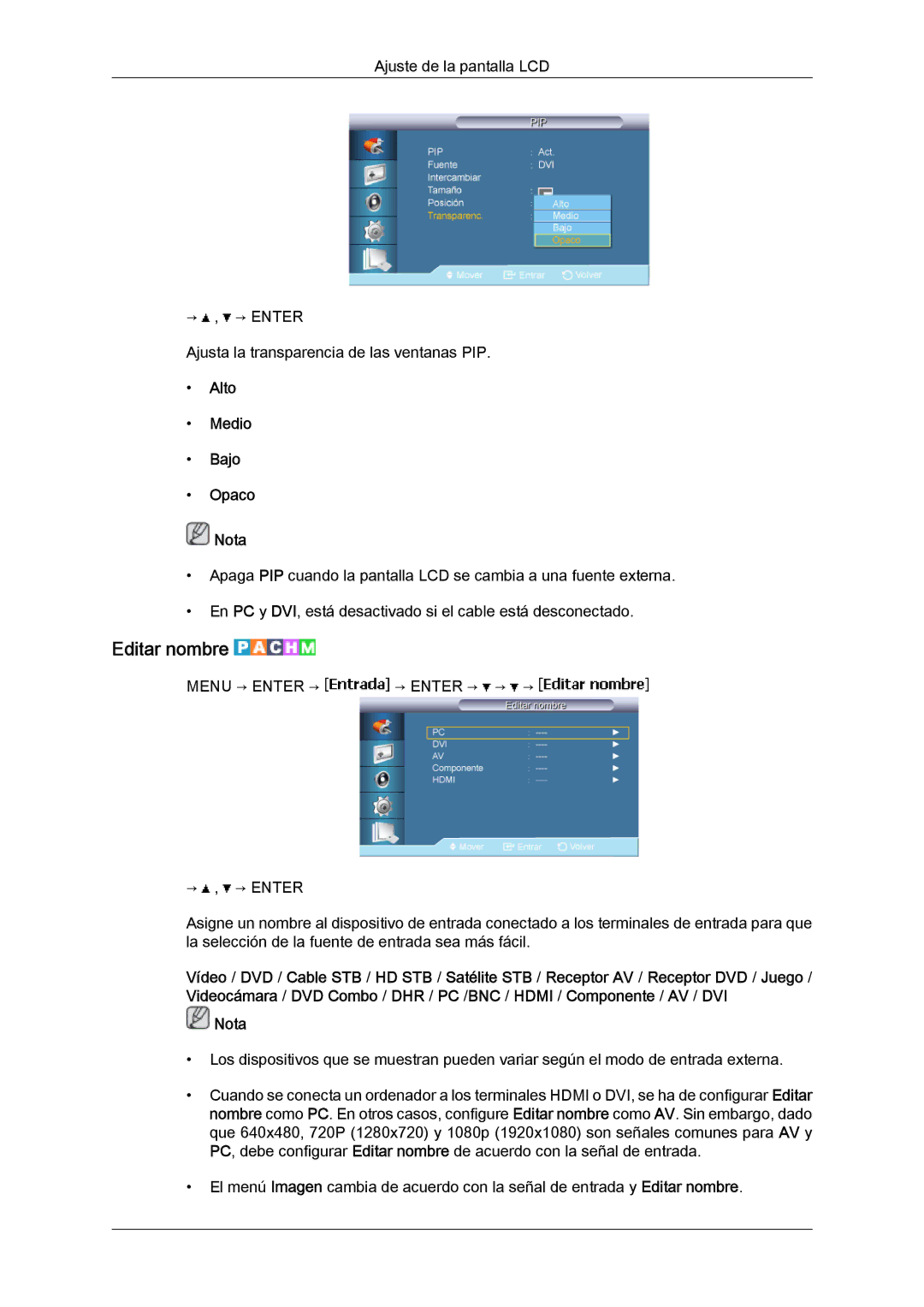 Samsung LH40BVTLBC/EN, LH46BVPLBF/EN, LH40BVPLBF/EN, LH46BVTLBC/EN manual Editar nombre, Alto Medio Bajo Opaco Nota 