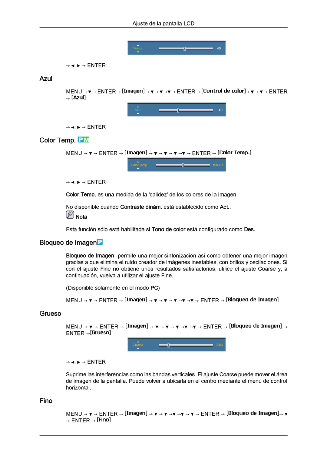 Samsung LH40BVTLBC/EN, LH46BVPLBF/EN, LH40BVPLBF/EN, LH46BVTLBC/EN manual Azul, Color Temp, Bloqueo de Imagen, Grueso, Fino 