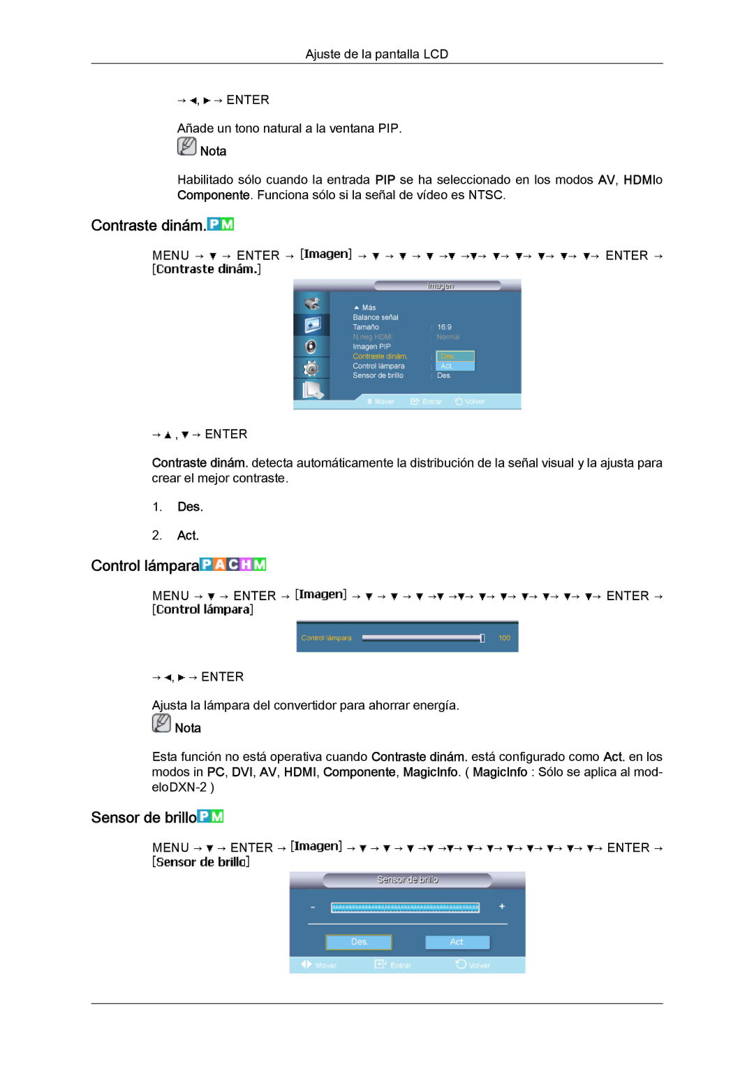 Samsung LH40BVPLBF/EN, LH46BVPLBF/EN, LH40BVTLBC/EN, LH46BVTLBC/EN manual Contraste dinám, Control lámpara, Sensor de brillo 