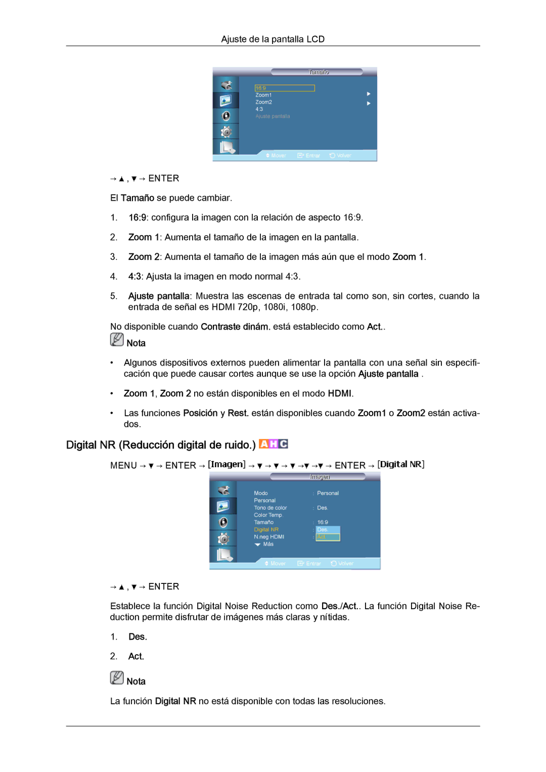 Samsung LH40BVPLBF/EN, LH46BVPLBF/EN, LH40BVTLBC/EN, LH46BVTLBC/EN manual Digital NR Reducción digital de ruido, Des Act Nota 