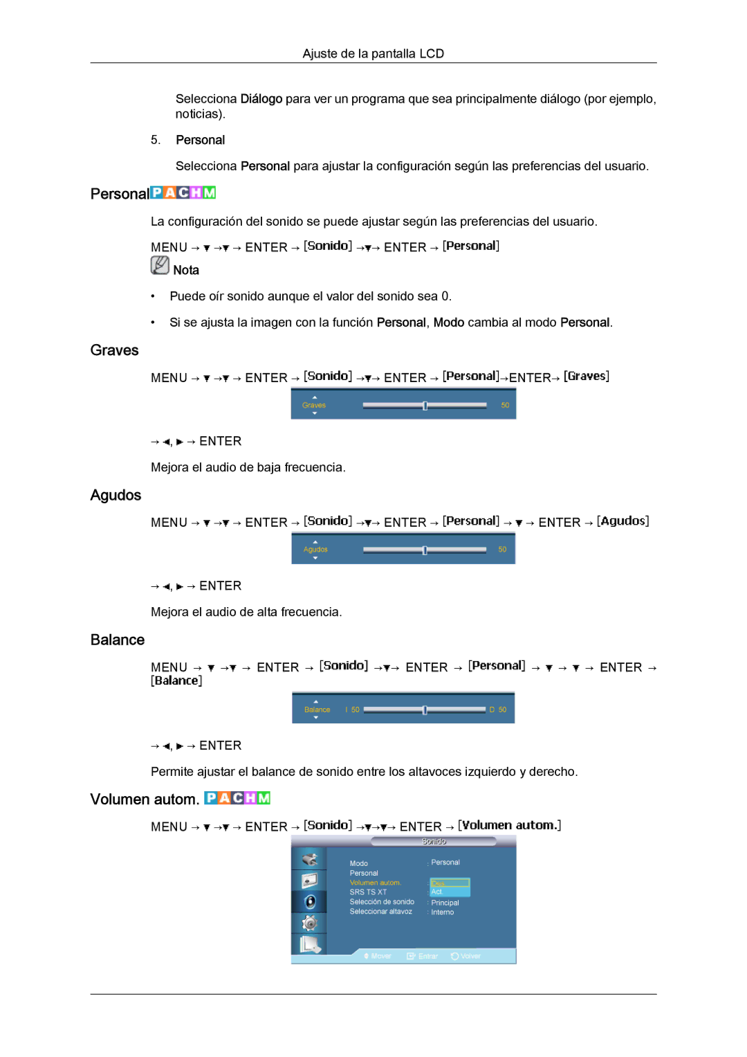 Samsung LH46BVTLBC/EN, LH46BVPLBF/EN, LH40BVTLBC/EN, LH40BVPLBF/EN manual Graves, Agudos, Balance, Volumen autom 