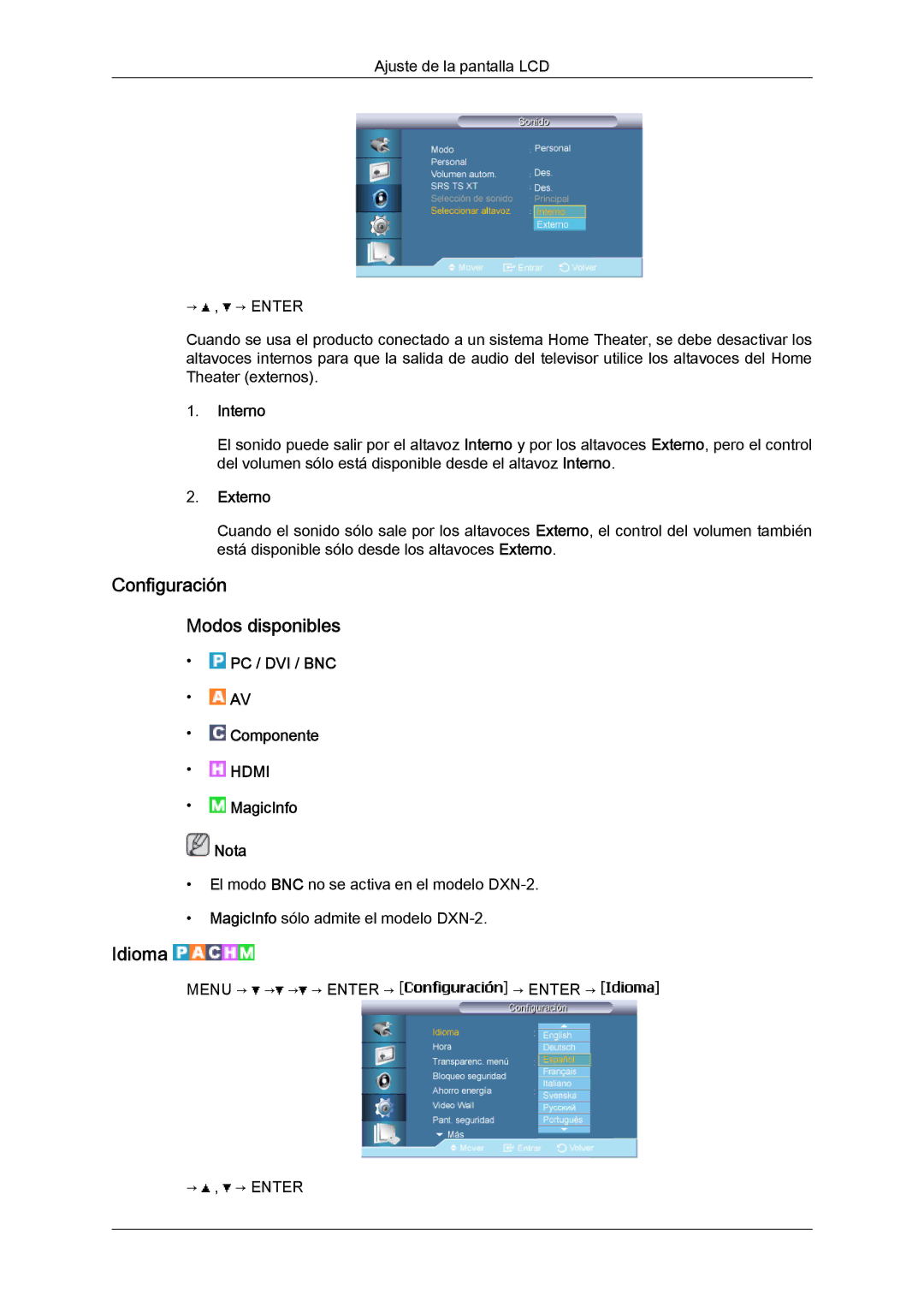 Samsung LH40BVTLBC/EN, LH46BVPLBF/EN, LH40BVPLBF/EN, LH46BVTLBC/EN Configuración Modos disponibles, Idioma, Interno, Externo 