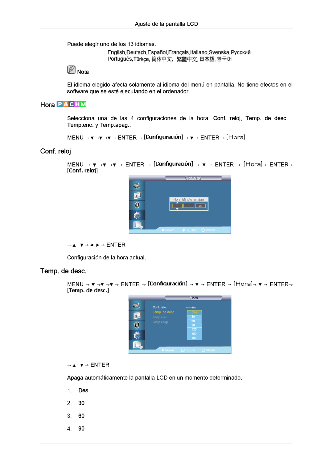 Samsung LH40BVPLBF/EN, LH46BVPLBF/EN, LH40BVTLBC/EN, LH46BVTLBC/EN manual Hora, Conf. reloj, Temp. de desc, Des 