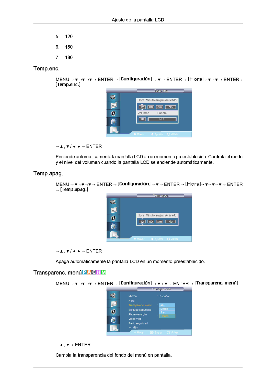 Samsung LH46BVTLBC/EN, LH46BVPLBF/EN, LH40BVTLBC/EN, LH40BVPLBF/EN manual Temp.enc, Temp.apag, Transparenc. menú 